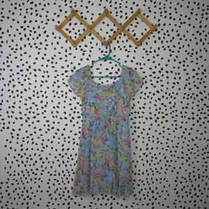 Trixxi Girl Blue Floral Print Chiffon Flutter Sleeve Girls Spring Dress